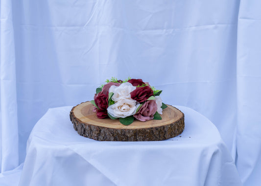 Burgendy and White Mix Rose Centerpiece with large wood slices