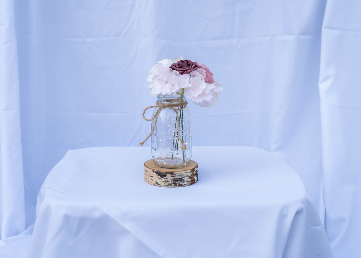 Rose/Hydrangea Centerpiece in Mason Jar with Fairy Lights