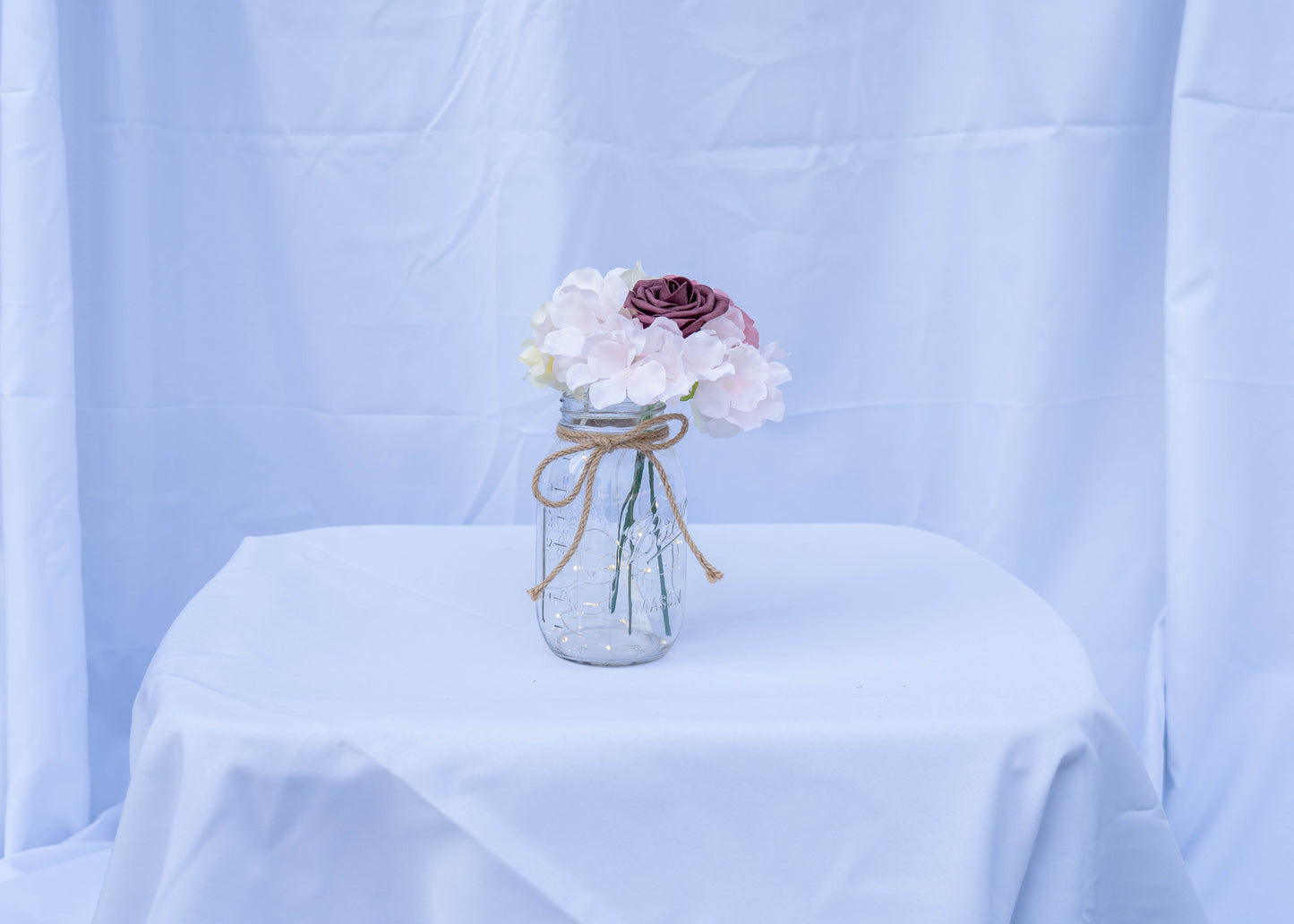 Rose/Hydrangea Centerpiece in Mason Jar with Fairy Lights